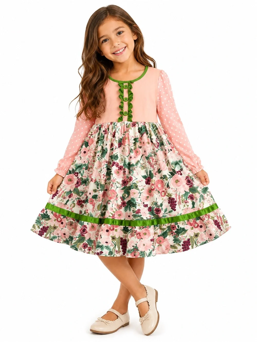 Marie Nicole 5XL Pink Floral Long-Sleeve A-Line Kids Dress with Green Trim